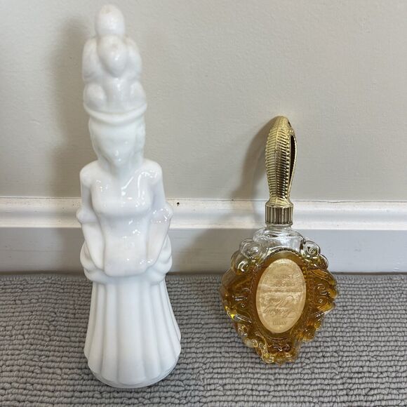 VTG Victorian Lady Milk Glass Occur Foaming Bath Oil & Looking Glass Cologne 90% - Picture 1 of 10